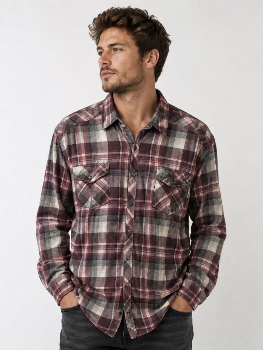 BKE Men's Size Xxl Athletic Fit Flannel Pearl Snap Shirt Plaid Red Grey Western